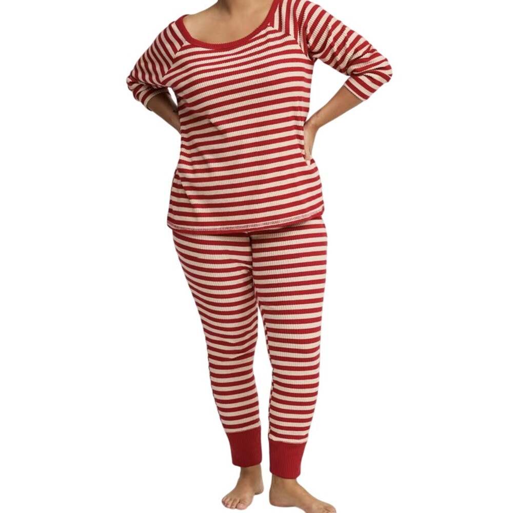 Torrid 4X Heavy Hacci Rib Pajama Set Red Oatmeal Stripe Off Shoulder Lounge